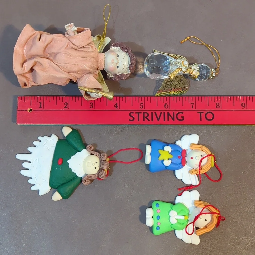 Angel 5 lot Ornaments Clay Girls Crystal cut Paper mache